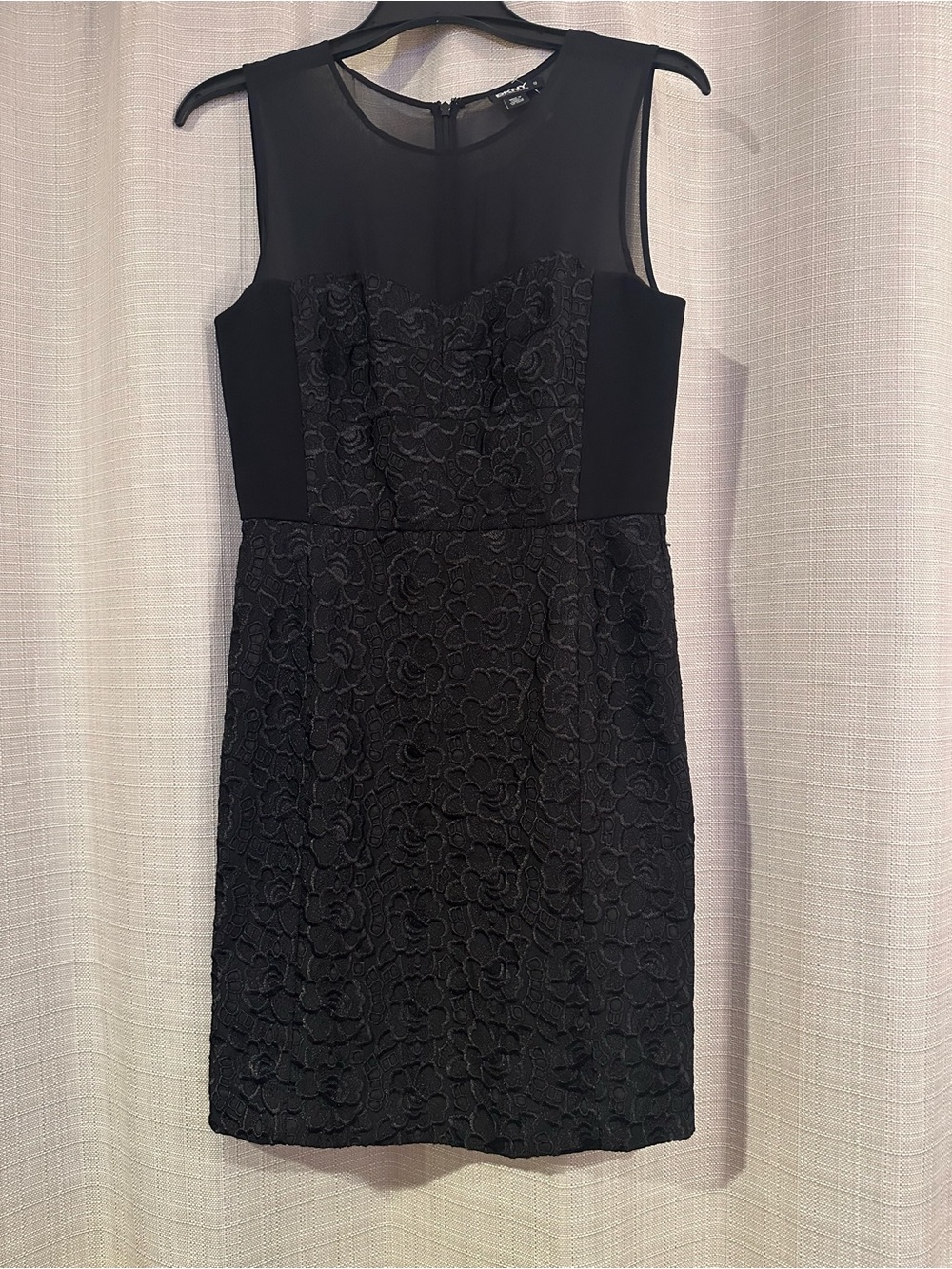 DKNY Black sheer shoulder Floral Lace Sheath Dress 10